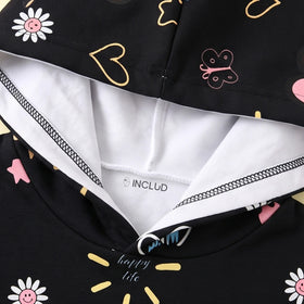 Girls Black Floral Print Long Sleeve Hooded Jacket Coats & Jackets