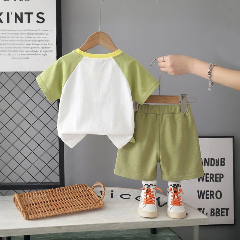 Boys Green Dinosaur Graphic Short Sleeves T-Shirt With Elasticated Shorts Sets Sets