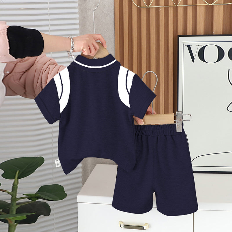 Boys Navy Blue Colourblocked Polo T-shirt with Shorts Set 2 pc. Sets