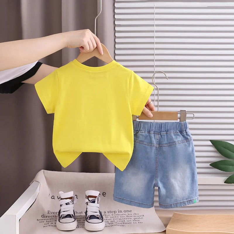 Boys Yellow Pineapple Printed Round Neck T-Shirt With Denim Shorts Sets 2 pc. Sets