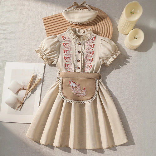 Girls Beige Embroidered Ruffle Neck Fit & Flare Dress Casual Dresses Beige 2-3 Y