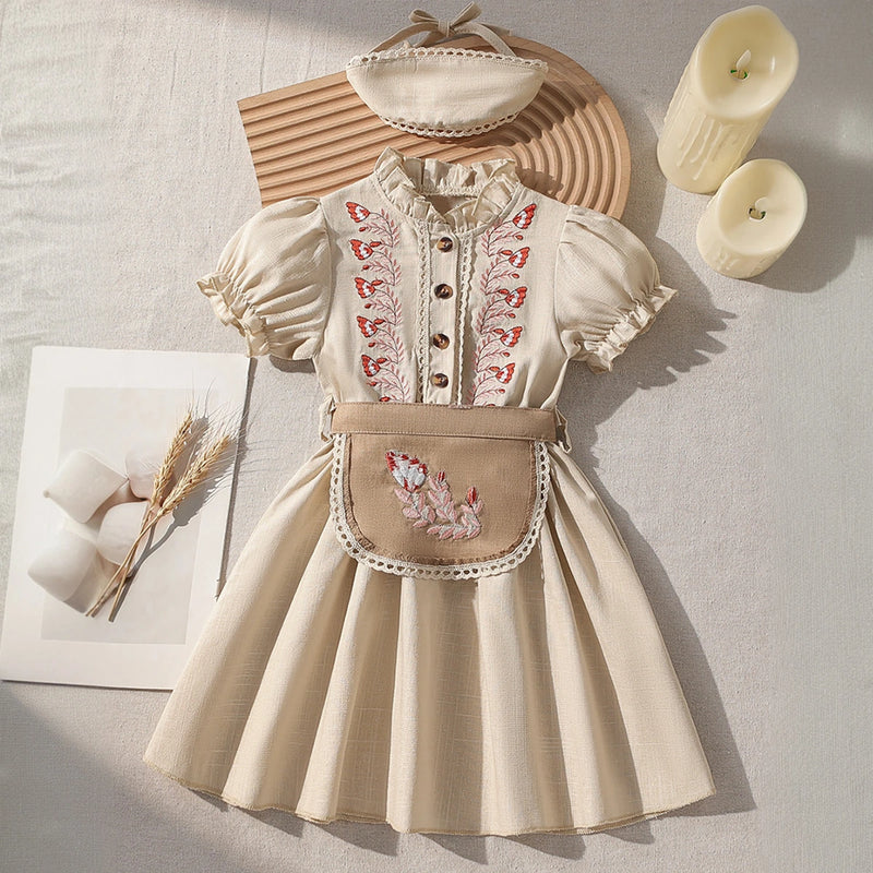 Girls Beige Embroidered Ruffle Neck Fit & Flare Dress Casual Dresses Beige 2-3 Y