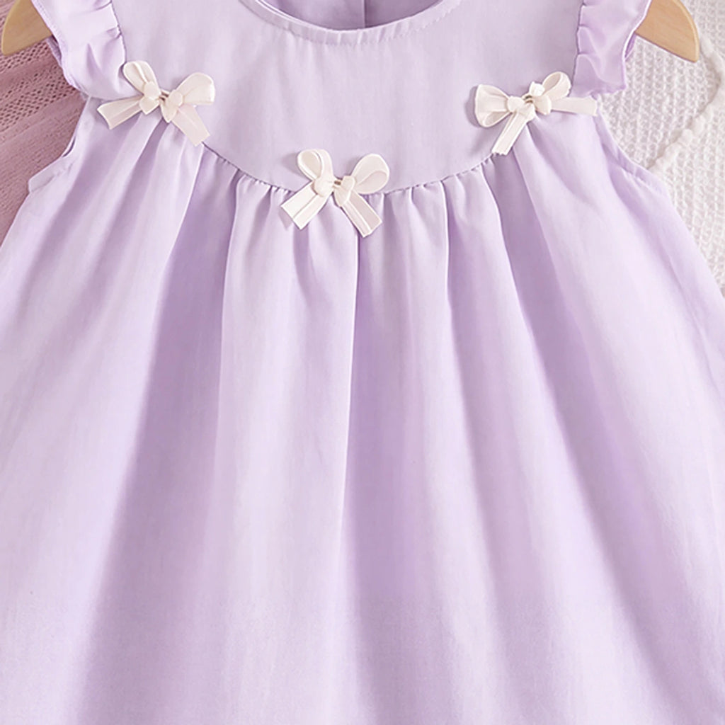 Girls Lavender Bow Applique Flutter Sleeve A-Line Dress Casual Dresses