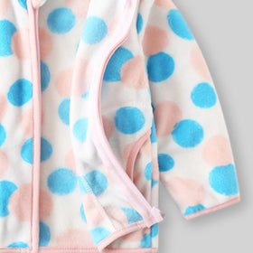 Girls Pink Fleece Zipper Jacket With Self Design Polka Dot Pattern Coats & Jackets