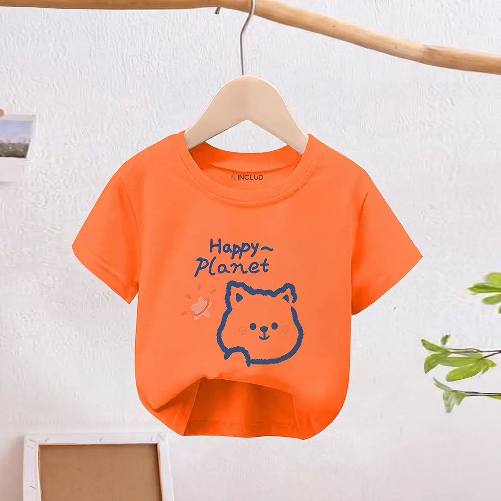 Girls Orange Happy Planet Typography Print Short Sleeve T-Shirt Tshirts