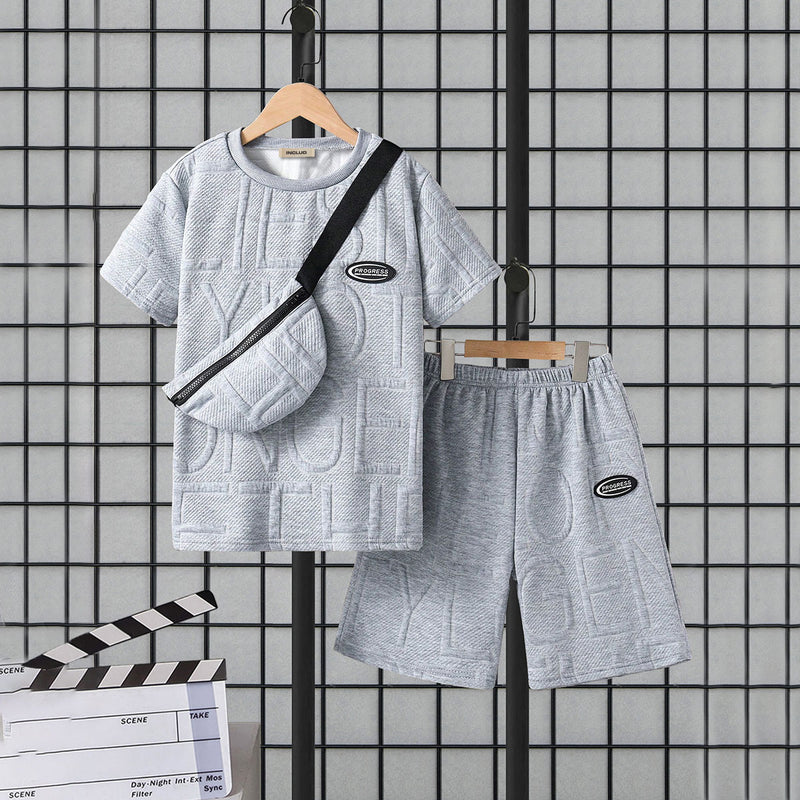 Boys Grey Self Designed Short Sleeves T-Shirt With Sling Bag and Shorts set 2 pc. Sets Grey 7-8 Y