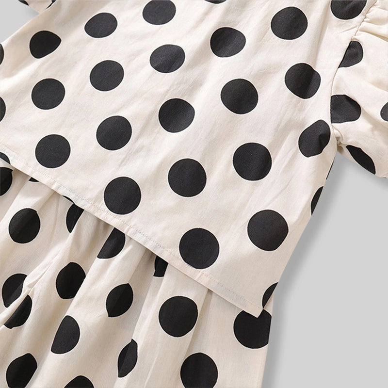 Girls Apricot Polka Dot Printed Puff Sleeve Top With Elasticated Pants Sets Sets