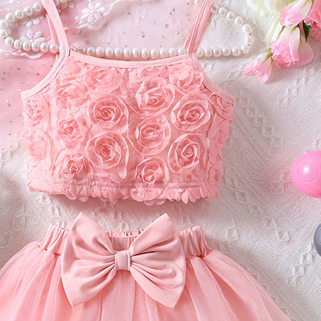Girls Pink Rose Applique Sleeveless Top With Elasticated Skirt Sets 2 pc. Sets