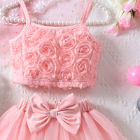 Girls Pink Rose Applique Sleeveless Top With Elasticated Skirt Sets 2 pc. Sets