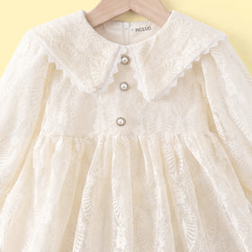 Girls Cream Floral Puff Sleeve A-line Dress Casual Dresses