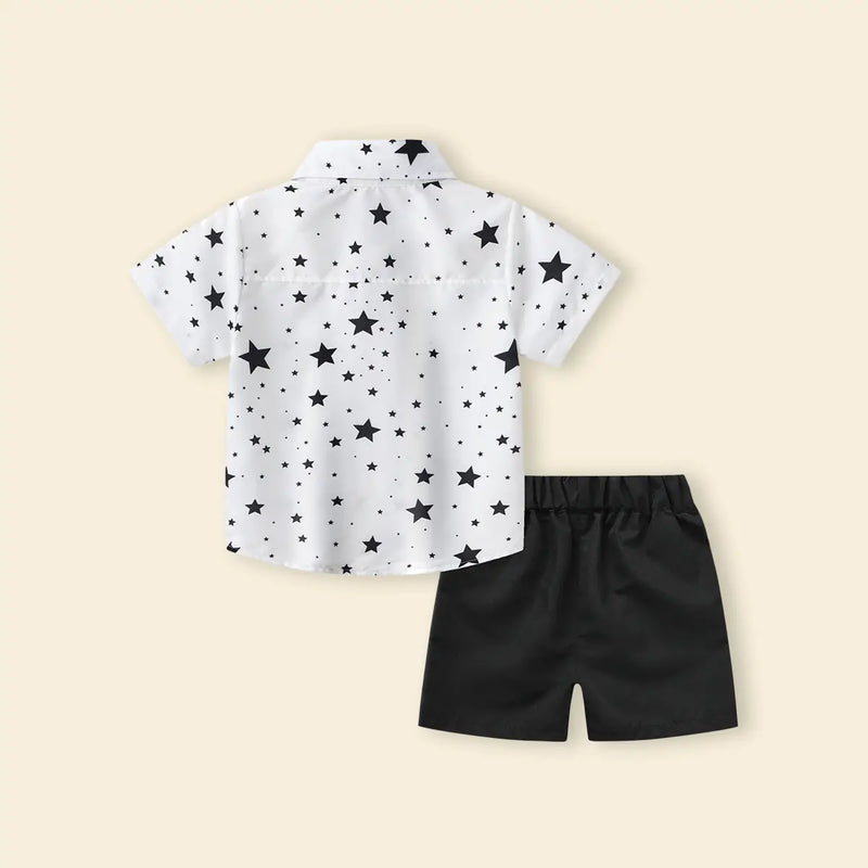 Boys White Star Print Short Sleeves Button-Down Shirt With Shorts Set Sets
