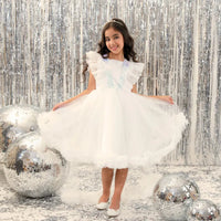 Girls White Ruffle Tulle Mullet Dress with Statement Back Bow Party Dresses