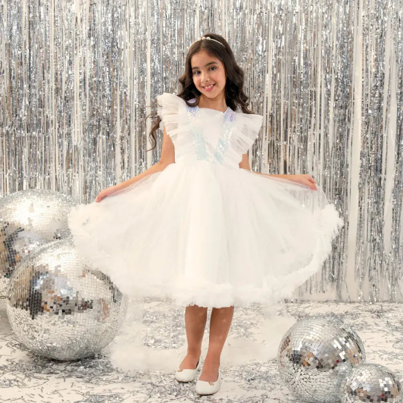 Girls White Ruffle Tulle Mullet Dress with Statement Back Bow Party Dresses