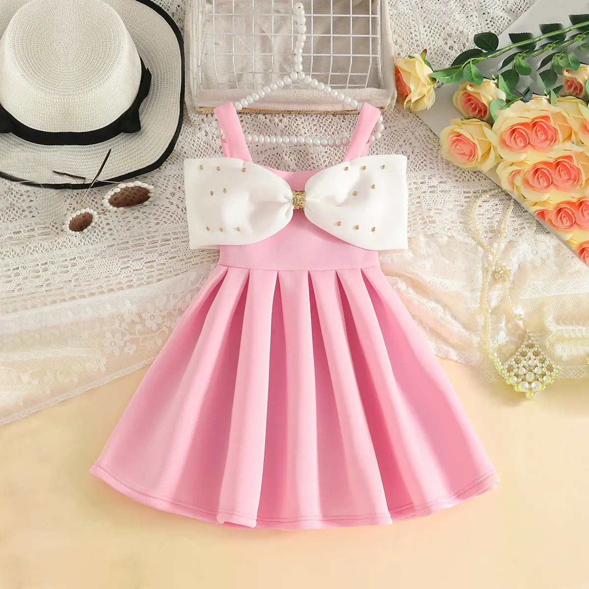 Girls Pink Sleeveless Fit & Flare Party Wear Dress With Elegant Bow Detail Party Dresses Pink 2-3 Y