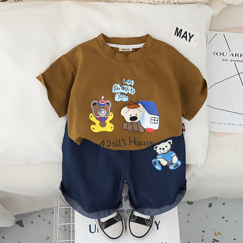 Boys Light Brown Dollhouse Printed T-Shirt With Denim Shorts Set 2 pc. Sets Light Brown 1-2 Y
