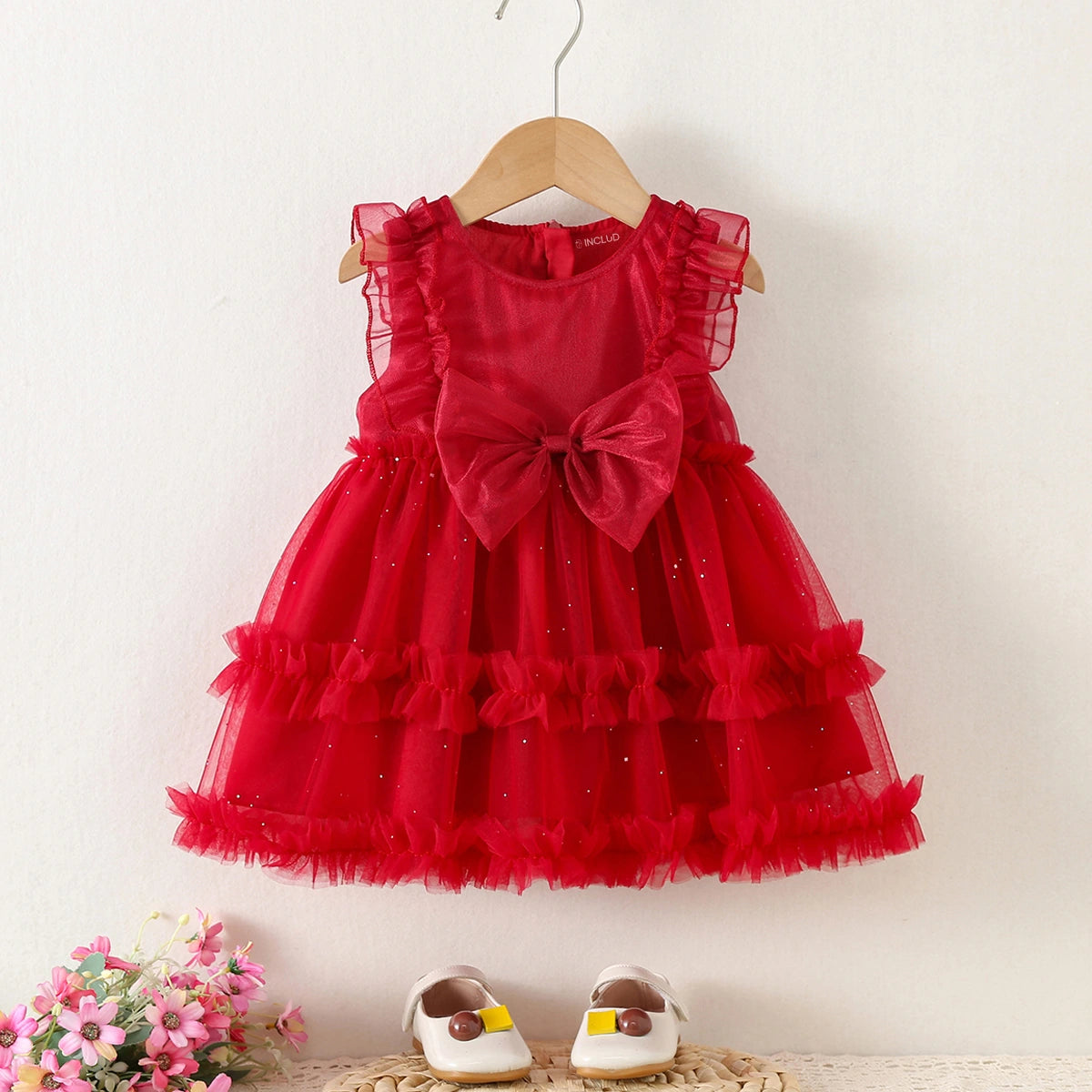 Girls Red Bow Applique Fit & Flare Summer Casual Dresses Casual Dresses Red 1-2 Y