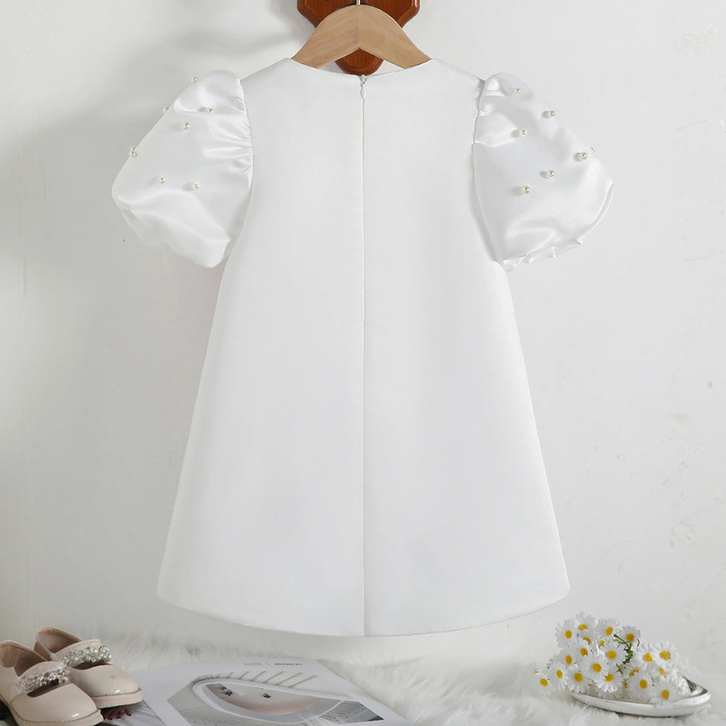 Girls White Pearl Embellished A-line Party Dress With 3D Flower applique Party Dresses