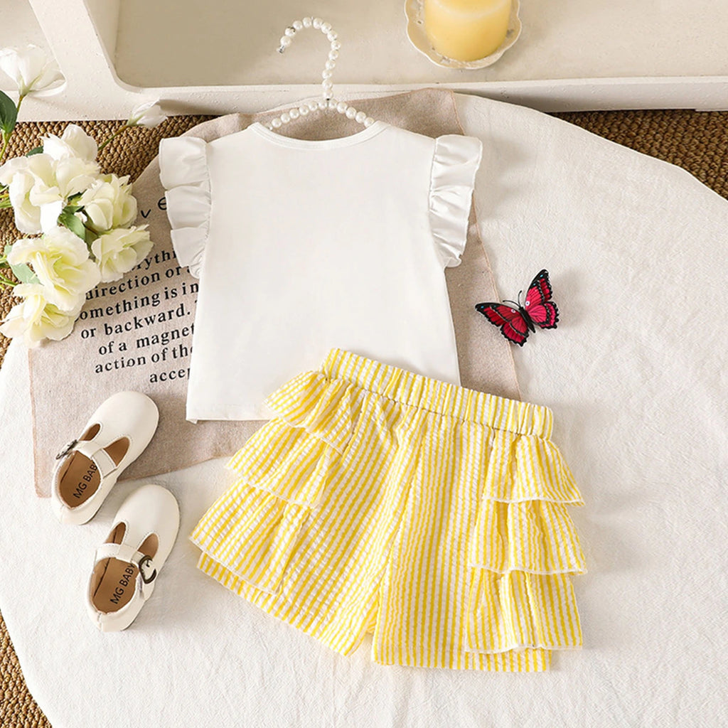 Girls White Bow Applique Flutter Sleeve Top With Stripes Shorts Sets 2 pc. Sets