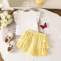 Girls White Bow Applique Flutter Sleeve Top With Stripes Shorts Sets 2 pc. Sets