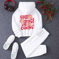 Girls White Typographic Printed Hooded Sweatshirt With Joggers Co-ord Sets 2 pc. Sets