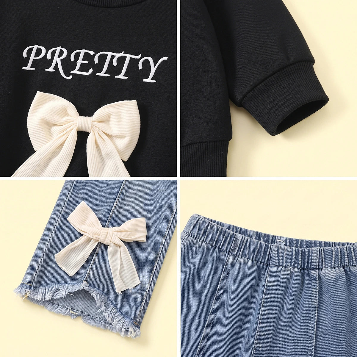 Girls Black Bow Applique Sweatshirt With Denim Pants Sets 2 pc. Sets