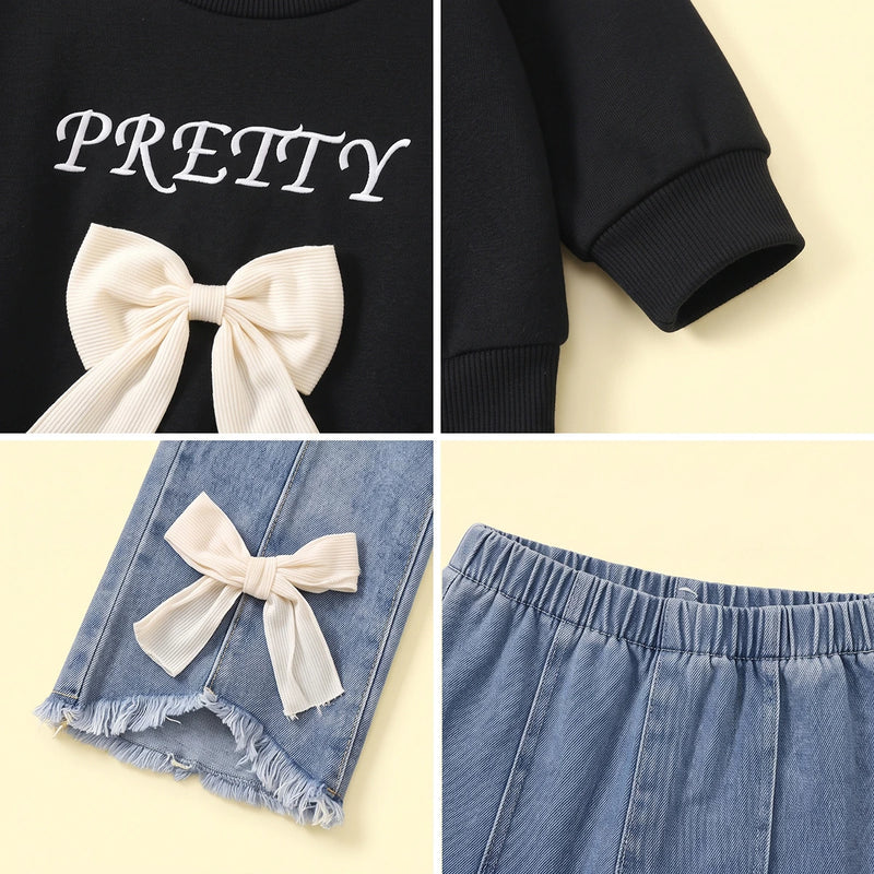 Girls Black Bow Applique Sweatshirt With Denim Pants Sets 2 pc. Sets