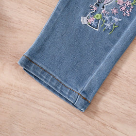 Girls Yellow Sleeveless Ruffled Top With Embroidered Denim Pants Set Sets