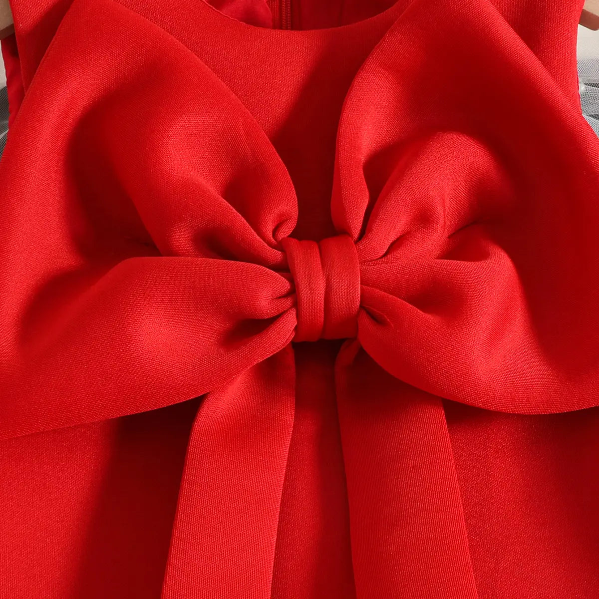 Girls Red Sleeveless Large Bow Applique A-line Party Wear Dress Party Dresses