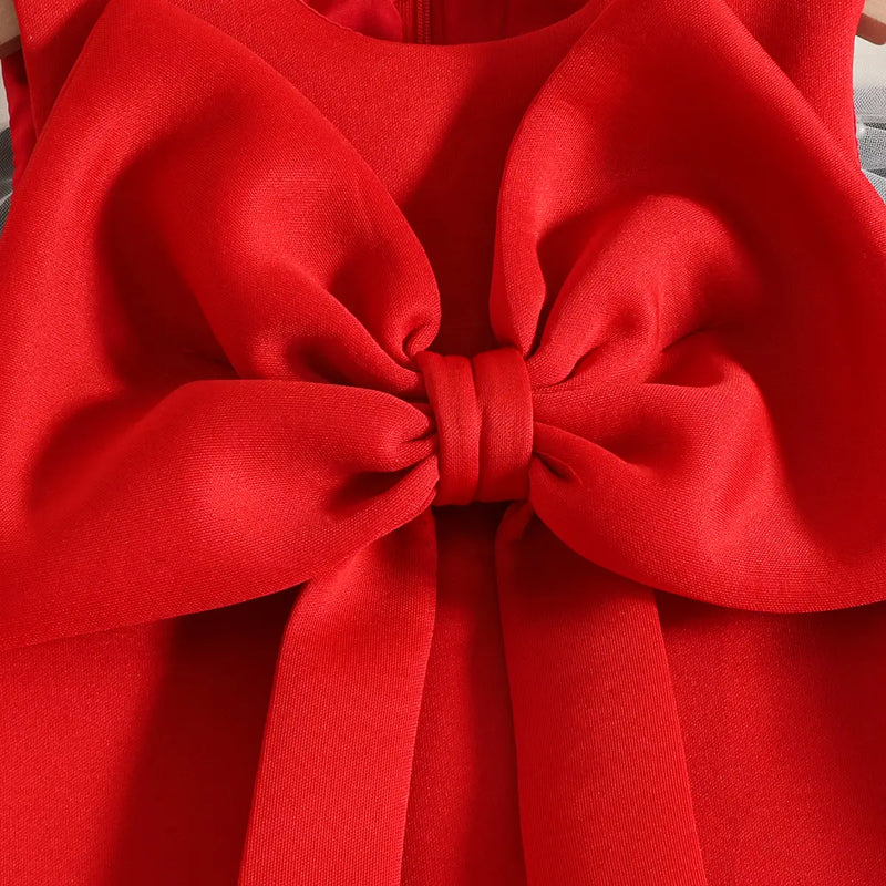 Girls Red Sleeveless Large Bow Applique A-line Party Wear Dress Party Dresses
