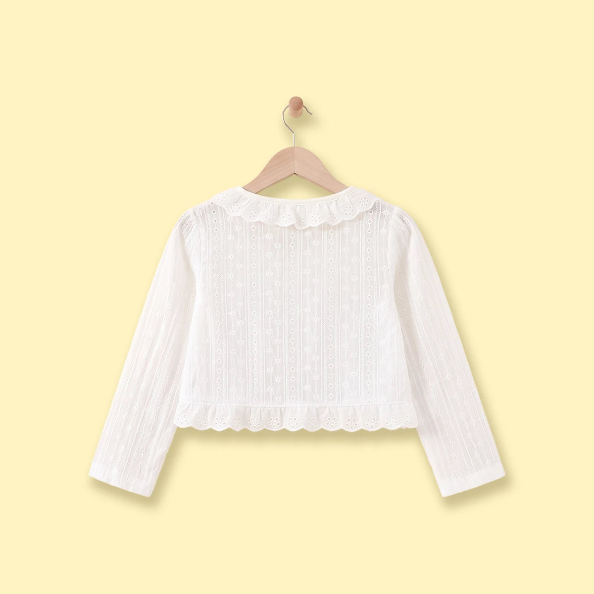 Girls White Schiffli Embroidered Long Sleeve Shrug Tops