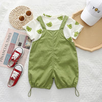 Boys Green Bear Printed Round Neck T-Shirt With 3D Teddy Bear Applique Dungaree Sets 2 pc. Sets