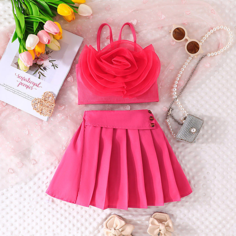 Girls Dark Pink Flower Applique Crop Top With Pleated Skirt Summer Set 2 pc. Sets