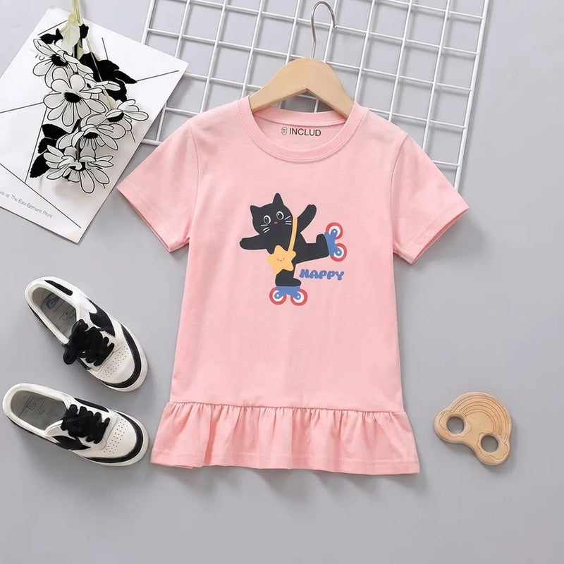 Girls Pink Cat Graphic Short Sleeve T-Shirt Dress Casual Dresses Pink 1-2 Y