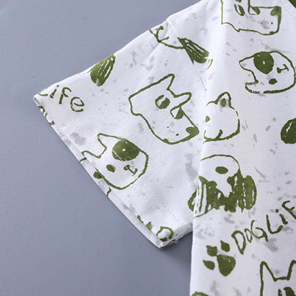 Boys Green Dog Printed Short Sleeves T-shirt With Shorts Set Sets