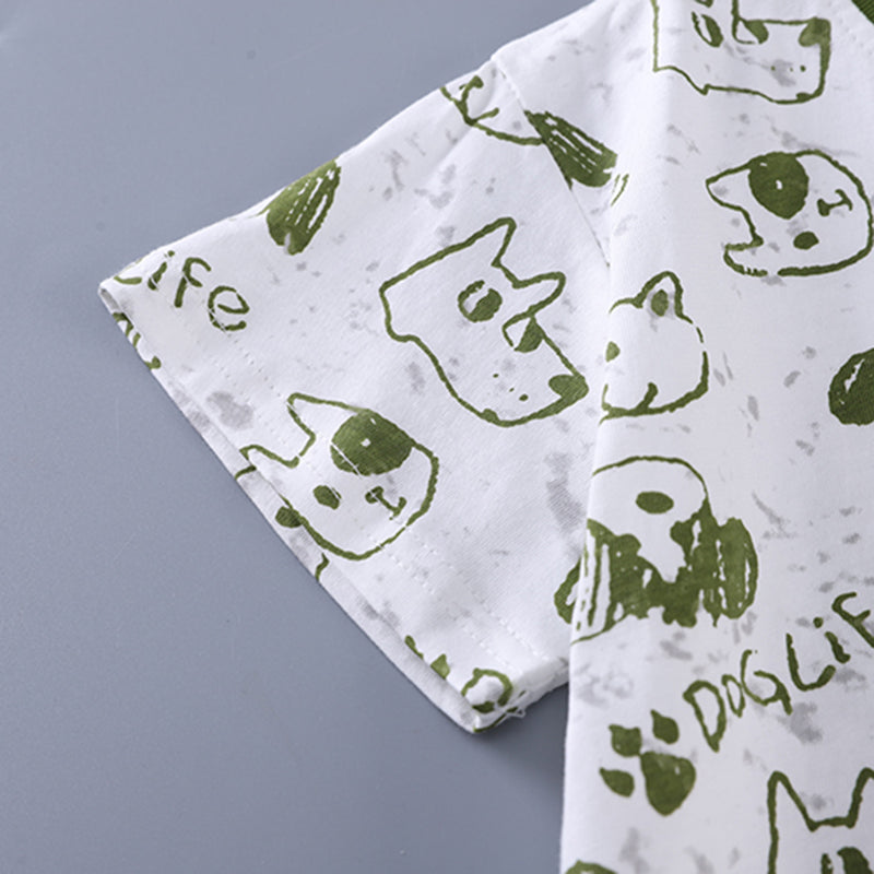 Boys Green Dog Printed Short Sleeves T-shirt With Shorts Set Sets
