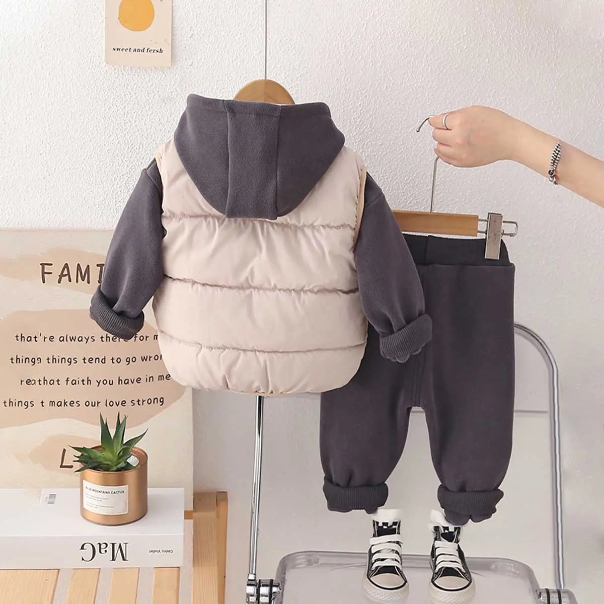 Boys Grey Fleece Hooded Zipper Jacket With Puffer Vest & Jogger Sets Sets