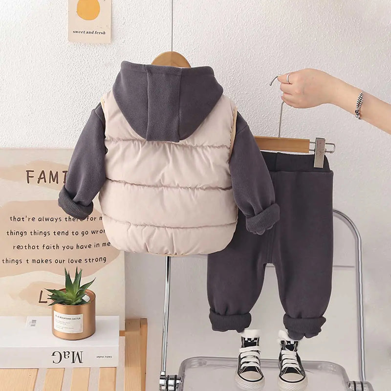 Boys Grey Fleece Hooded Zipper Jacket With Puffer Vest & Jogger Sets Sets