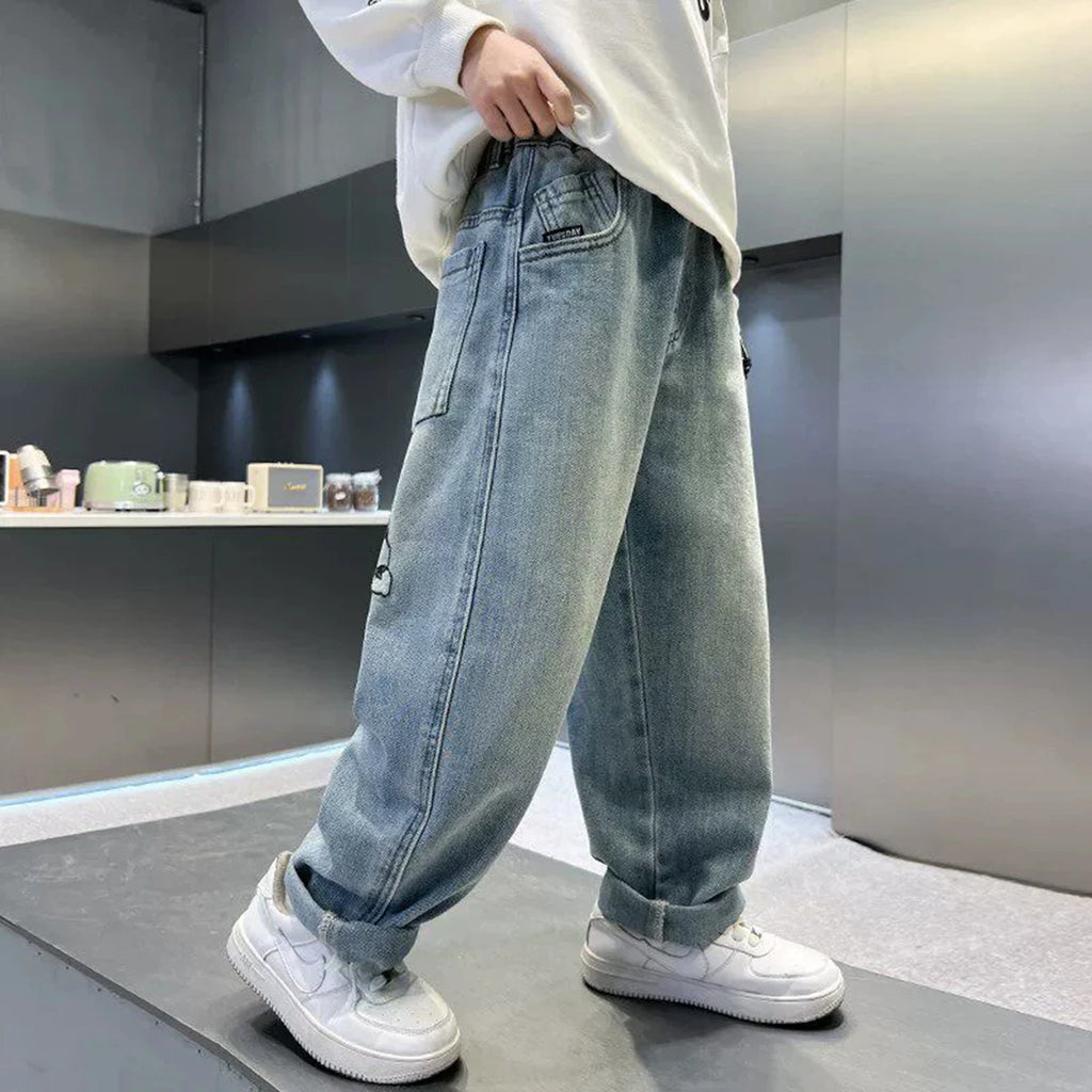 Boys Light Blue Graphic Print Baggy Fit Denim Jeans Pants