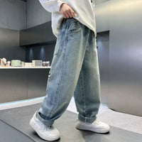Boys Light Blue Graphic Print Baggy Fit Denim Jeans Pants