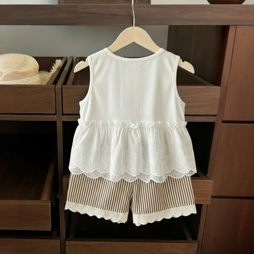 Girls White Sleeveless A-Line Top With Stripe Pants & Sling Bag Sets Sets