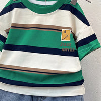Boys Green Striped Short Sleeve T-Shirt With Denim Shorts Sets 2 pc. Sets