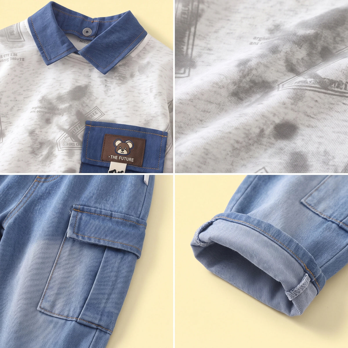 Boys Light Grey Abstract Polo Sweatshirt & Denim Cargo Pants Sets Sets