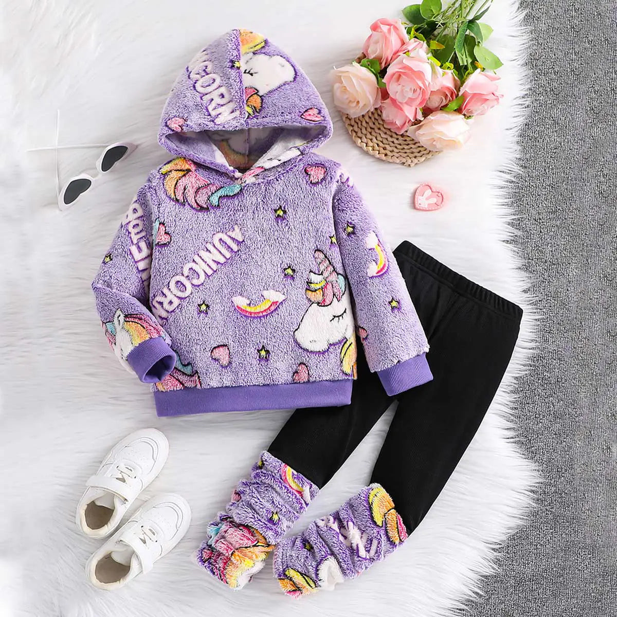 Girls Purple Self-Design Unicorn Patterns Hooded Fleece Sweatshirt With Legging Sets 2 pc. Sets Purple 3-4 Y