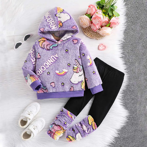 Girls Purple Self-Design Unicorn Patterns Hooded Fleece Sweatshirt With Legging Sets 2 pc. Sets Purple 3-4 Y