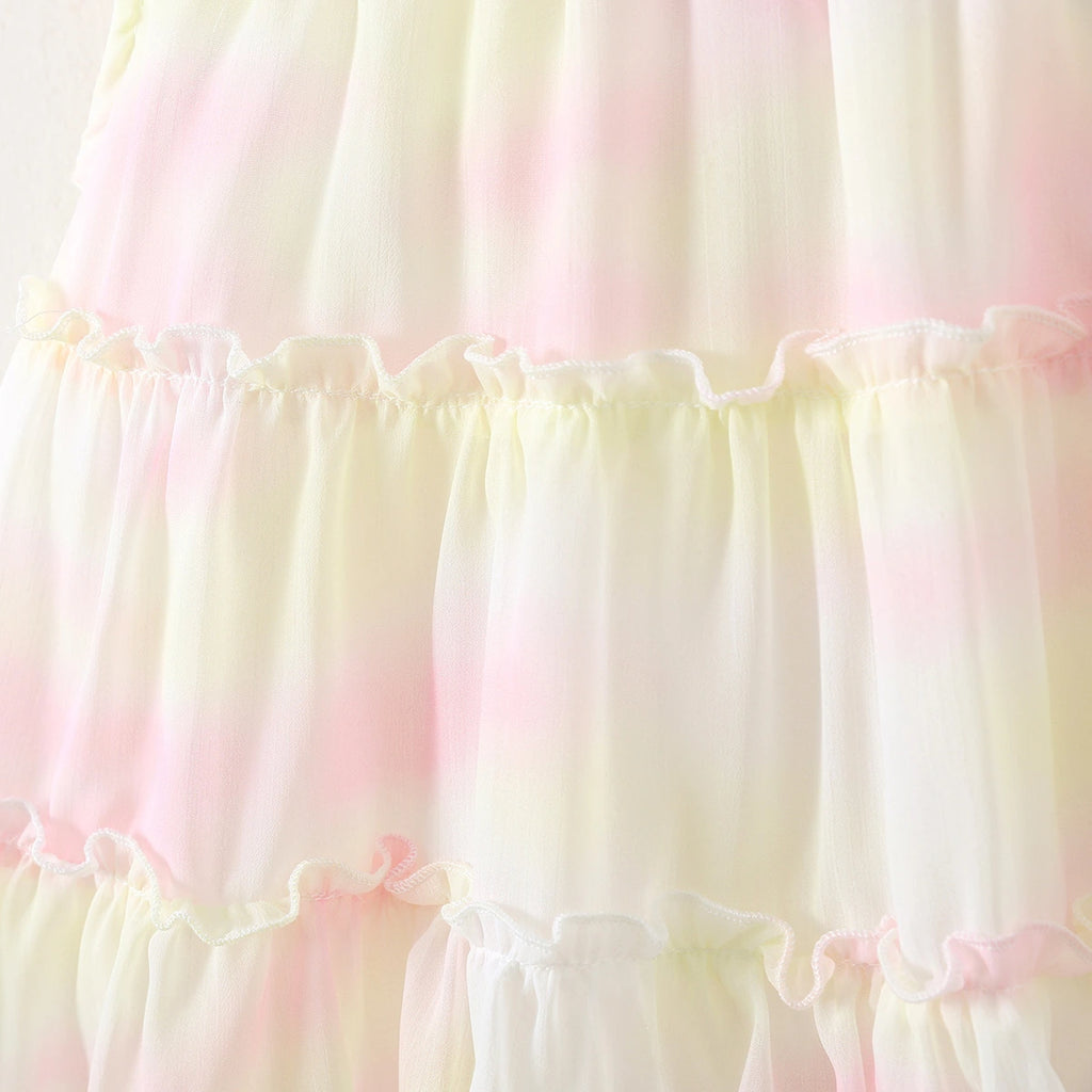 Girls White Printed Layered Dress With Tulip Applique Casual Dresses