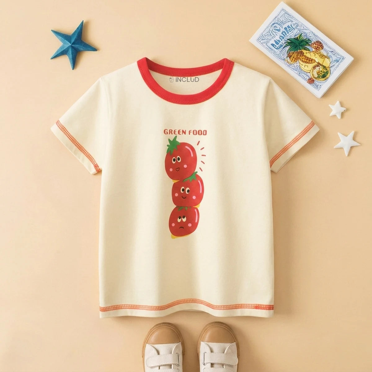 Boys Cream Tomato Print Short Sleeve T-Shirt Tshirts Cream 1-2 Y