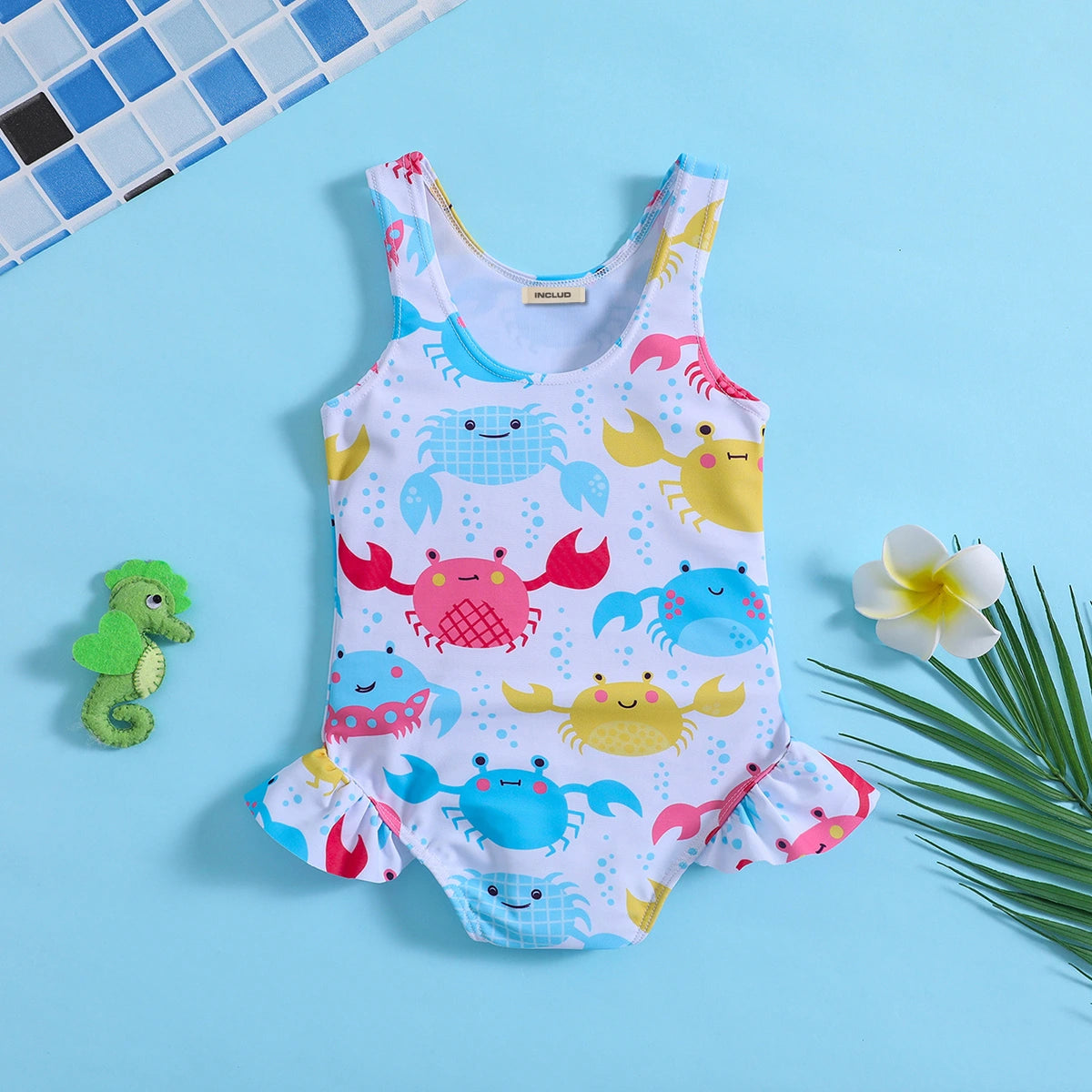 Girls White Crab Printed Sleeveless Swimwear Bodysuit Beachwear