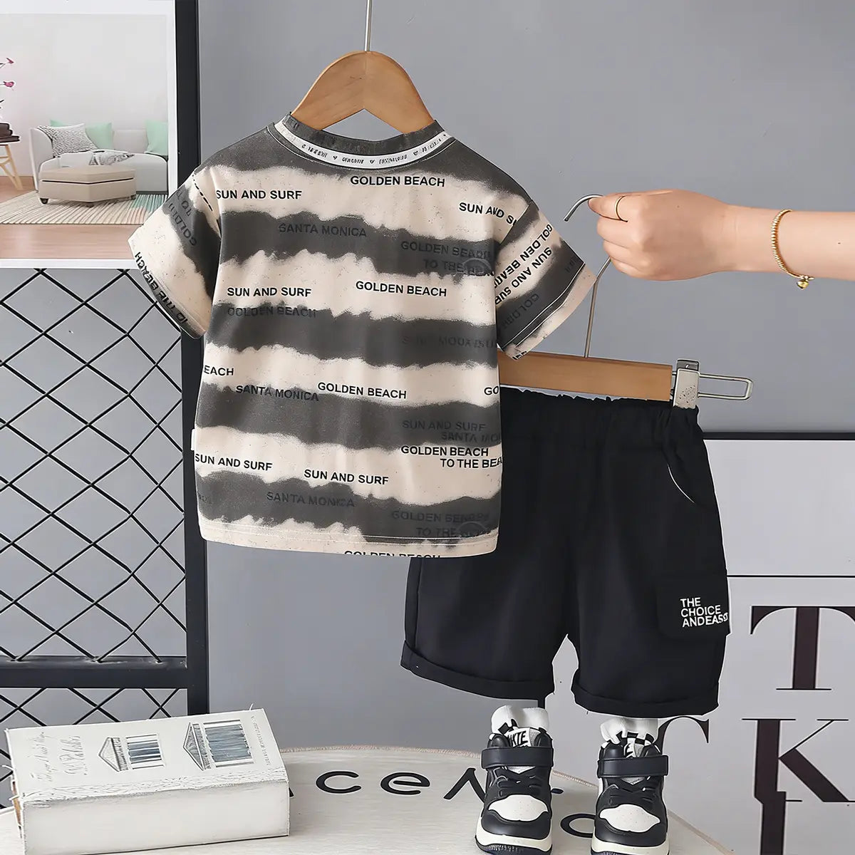 Boys Grey Typographic Printed Round Neck T-Shirt with Shorts Sets Sets