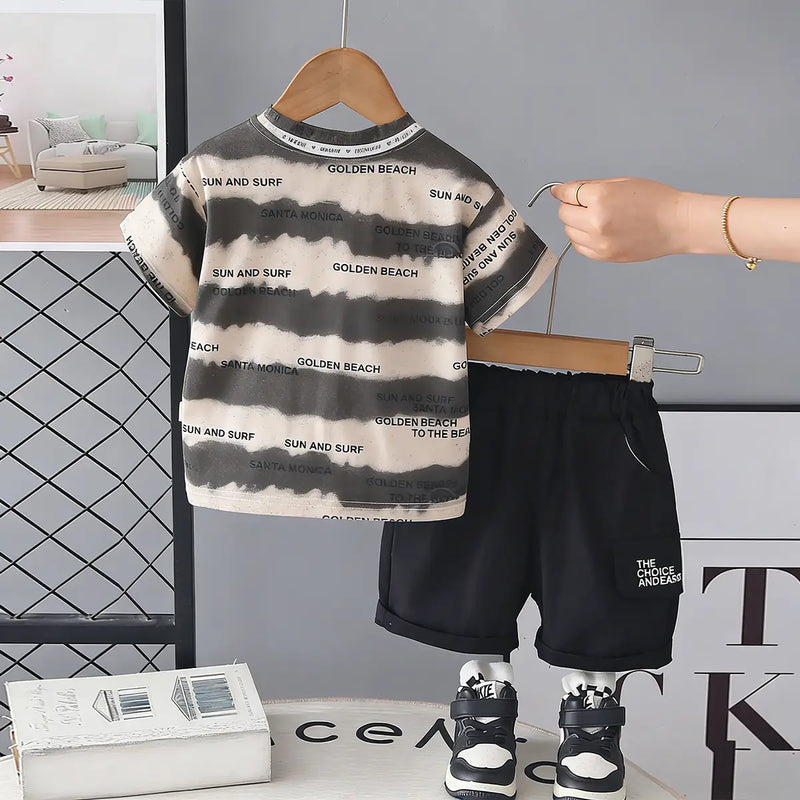 Boys Grey Typographic Printed Round Neck T-Shirt with Shorts Sets Sets