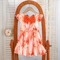 Girls Orange Floral Print Fit & Flare Dress With Bow Details Casual Dresses